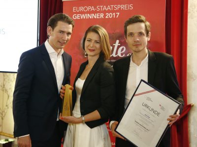 Europa Staatspreis Verleihung, Mai 2017. Bundesminister Sebastian Kurz, Katharina Moser, Stefan Apfl. © Dragan Tatic